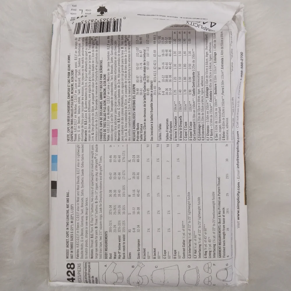 Simplicity 4428 Easy-to-Sew Misses Jacket Cape Hat Bag Size XS-S-M-L-XL